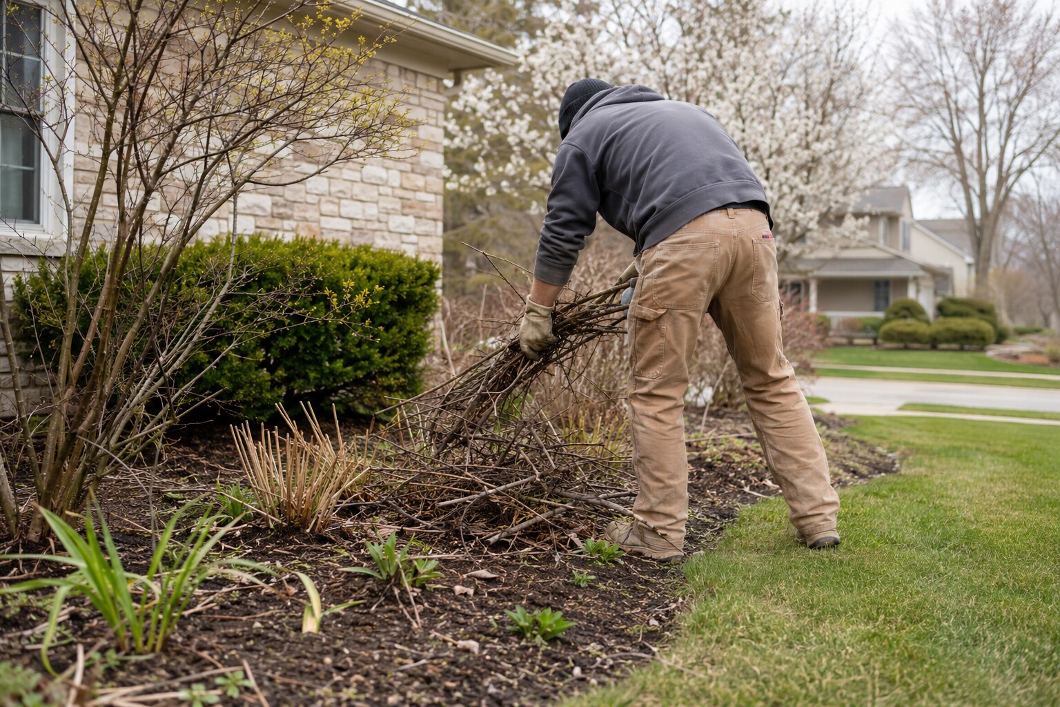 Spring yard cleanup with branches and winter debris